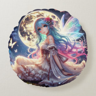 Anime meisje maan fee prinses in tuin rond kussen