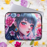 anime meisje met blauwe ogen gepersonaliseerd laptop sleeve<br><div class="desc">Gepersonaliseerde tabletcover. Mooi meisje met blauwe ogen en blauw haar omringd door roze en blauwe bloemen.  bloemen en anime thema digitale AI kunst.</div>