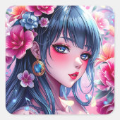  anime meisje met blauwe ogen vierkante sticker (Voorkant)
