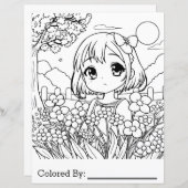 Anime meisje met bloemen | kleurplaat (Voorkant / Achterkant)