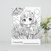 Anime meisje met bloemen | kleurplaat (Staand voorkant)