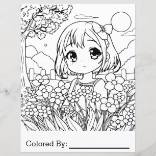 Anime meisje met bloemen   kleurplaat
