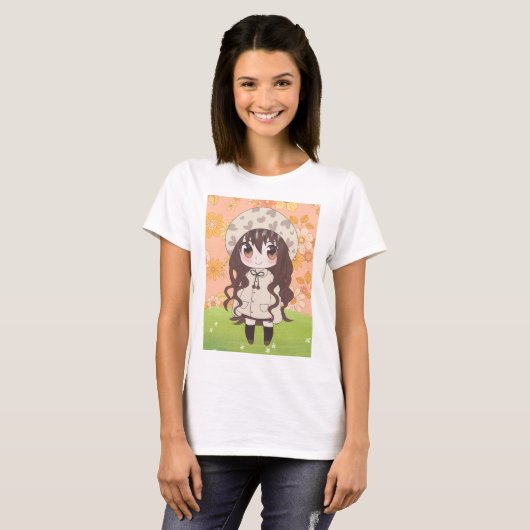 Anime meisje met bloemen t-shirt (Voorkant volledig)