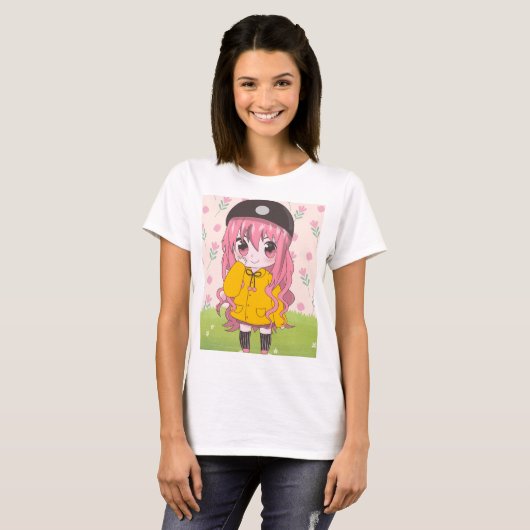 Anime meisje met bloemen t-shirt (Voorkant volledig)