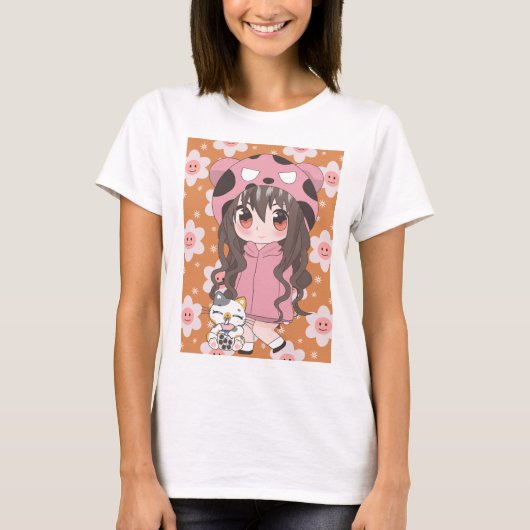 Anime meisje met bloemen t-shirt (Voorkant)