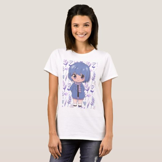 Anime meisje met bloemen t-shirt (Voorkant volledig)