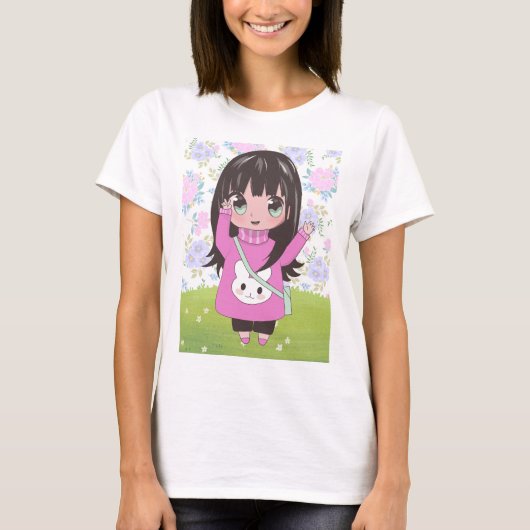 Anime meisje met bloemen t-shirt (Voorkant)
