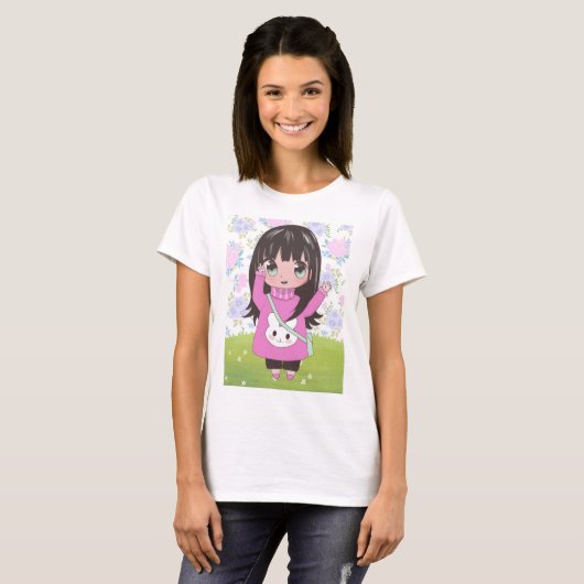Anime meisje met bloemen t-shirt (Voorkant volledig)