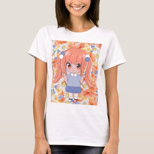Anime meisje met bloemen t-shirt (Voorkant)