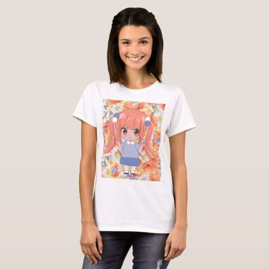 Anime meisje met bloemen t-shirt (Voorkant volledig)