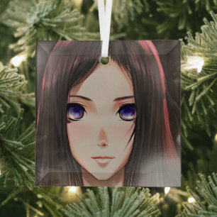Anime meisje met bruin haar en blauwe ogen glas ornament
