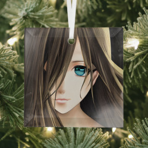 Anime meisje met bruin haar en blauwe ogen glas ornament