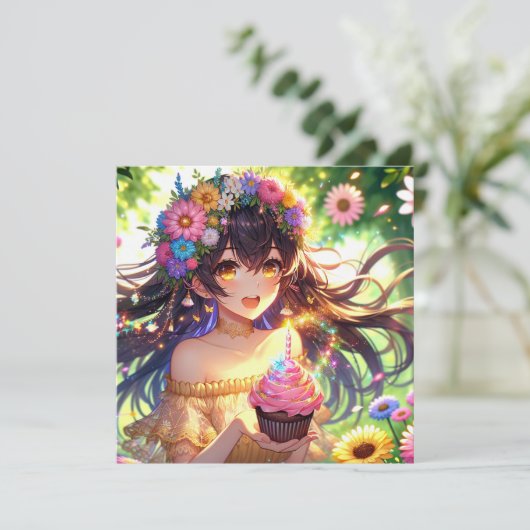  Anime Meisje met Cupcake Verjaardag Kaart (Staand voorkant)