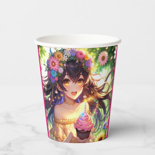 Anime Meisje met Cupcake Verjaardag Papieren Bekers (Achterkant)