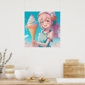 Anime Meisje met Cupcake Whimsical Poster (Keuken)
