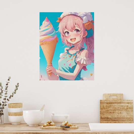 Anime Meisje met Cupcake Whimsical Poster (Keuken)