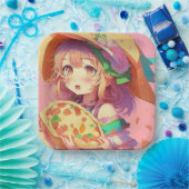 anime meisje met een pizza papieren bordje (Feest)