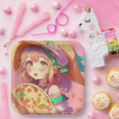 anime meisje met een pizza papieren bordje (Feest)