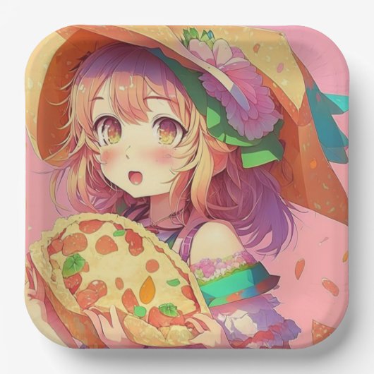 anime meisje met een pizza papieren bordje (Voorkant)