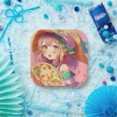 anime meisje met een pizza papieren bordje (Feest)