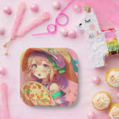 anime meisje met een pizza papieren bordje (Feest)