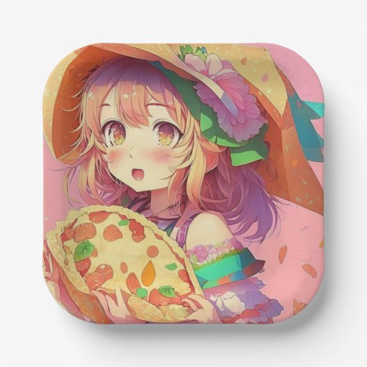 anime meisje met een pizza papieren bordje (Voorkant)