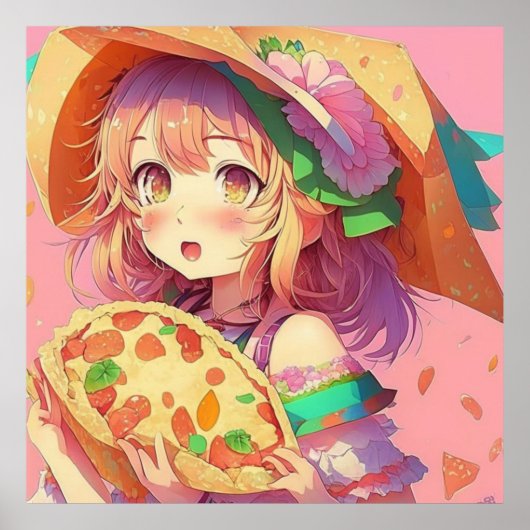  anime meisje met een pizza poster (Voorkant)