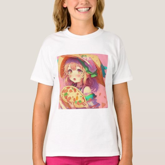  anime meisje met een pizza t-shirt (Voorkant)