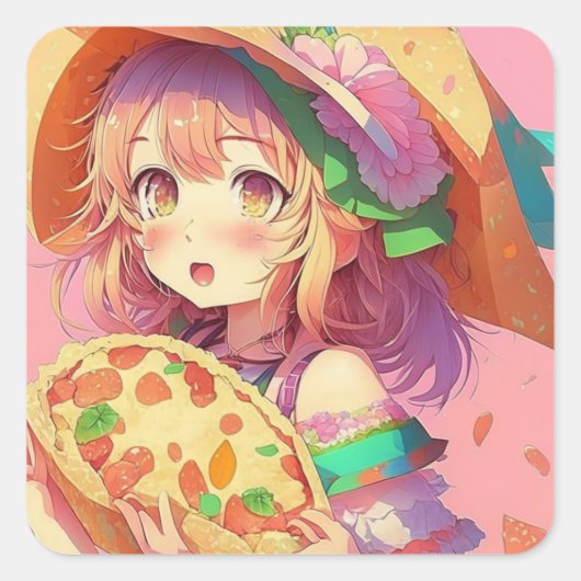 anime meisje met een pizza vierkante sticker (Voorkant)