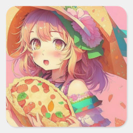  anime meisje met een pizza vierkante sticker