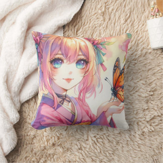 Anime Meisje Met Een Vlinder Gepersonaliseerd Kussen