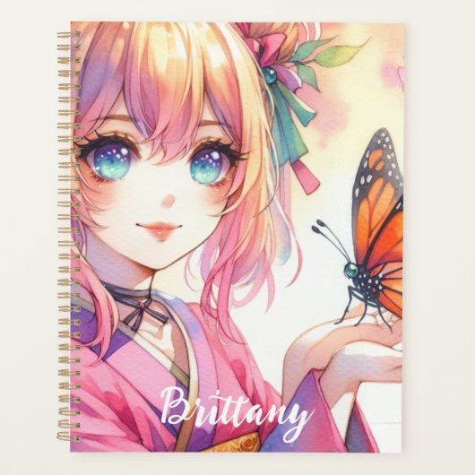 Anime Meisje Met Een Vlinder Gepersonaliseerd Planner (Voorkant)