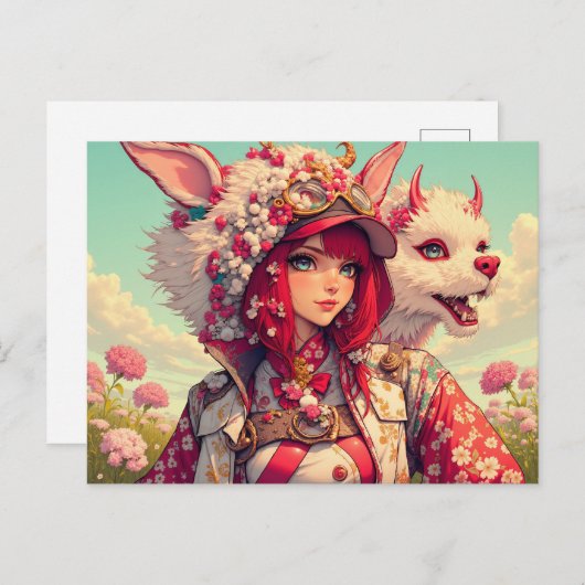 Anime meisje met fantasie schepsel, postcrossing briefkaart (Voorkant / Achterkant)