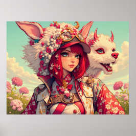 Anime meisje met fantasie schepsel, postcrossing poster