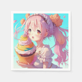 Anime meisje met fantasievolle cupcake verjaardag servet
