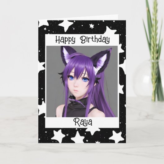 Anime Meisje met Fox Ears Paarse Verjaardag Kaart (Voorkant)