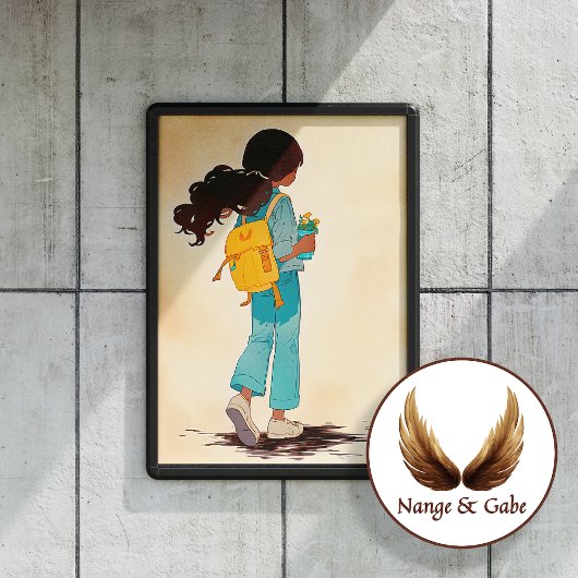 Anime meisje met gele rugzak en bloemen poster