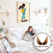 Anime meisje met gele rugzak en bloemen poster