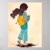 Anime meisje met gele rugzak en bloemen poster (Voorkant)