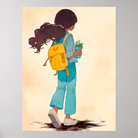 Anime meisje met gele rugzak en bloemen poster (Voorkant)