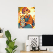 Anime meisje met haar favoriete kat poster (Thuiskantoor)