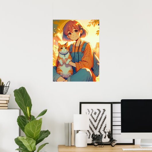 Anime meisje met haar favoriete kat poster (Thuiskantoor)