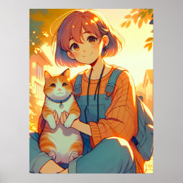 Anime meisje met haar favoriete kat poster