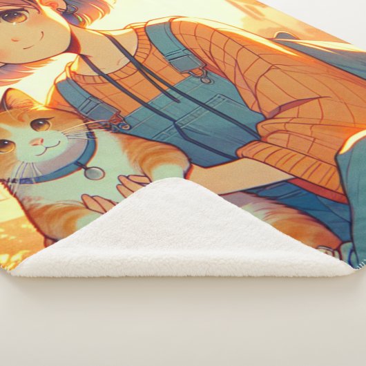 Anime meisje met haar favoriete kat sherpa deken (3/4)