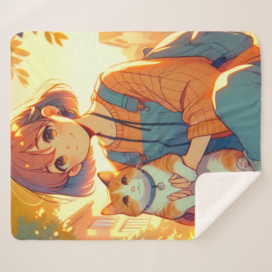 Anime meisje met haar favoriete kat sherpa deken (Voorkant (horizontaal))
