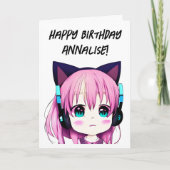 Anime Meisje met Hoofdtelefoon en Kattenoren Verja Kaart (Voorkant)