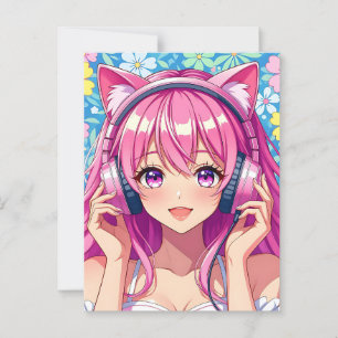 Anime meisje met hoofdtelefoon Hoi zeggen Briefkaart