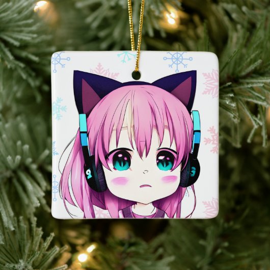 Anime Meisje Met Kat Ooren Hoofdband Kerstmis Keramisch Ornament (Boom)