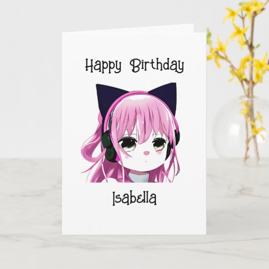 Anime Meisje met Kattenoren Verjaardag Kaart (Gele Bloem)
