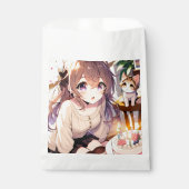  anime meisje met kitten en verjaardagstaart bedankzakje (Voorkant)